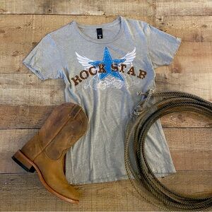 Western Cowgirl Rock Star Graphic Tee - Gray